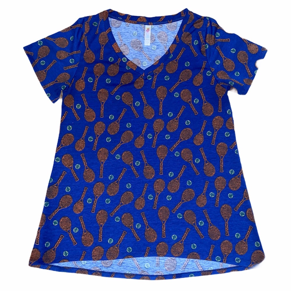 LuLaRoe Blue Tennis Print V Neck Tee T Shirt sz M